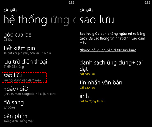 Sao lưu và khôi phục dữ liệu trên thiết bị Windows Phone 8