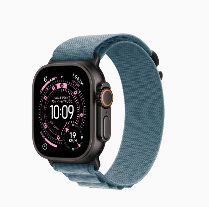 Apple Watch Ultra 3 GPS + Cellular, Vỏ Titan Đen 49mm với Dây Quấn Alpine Màu Xanh Dương Nhạt